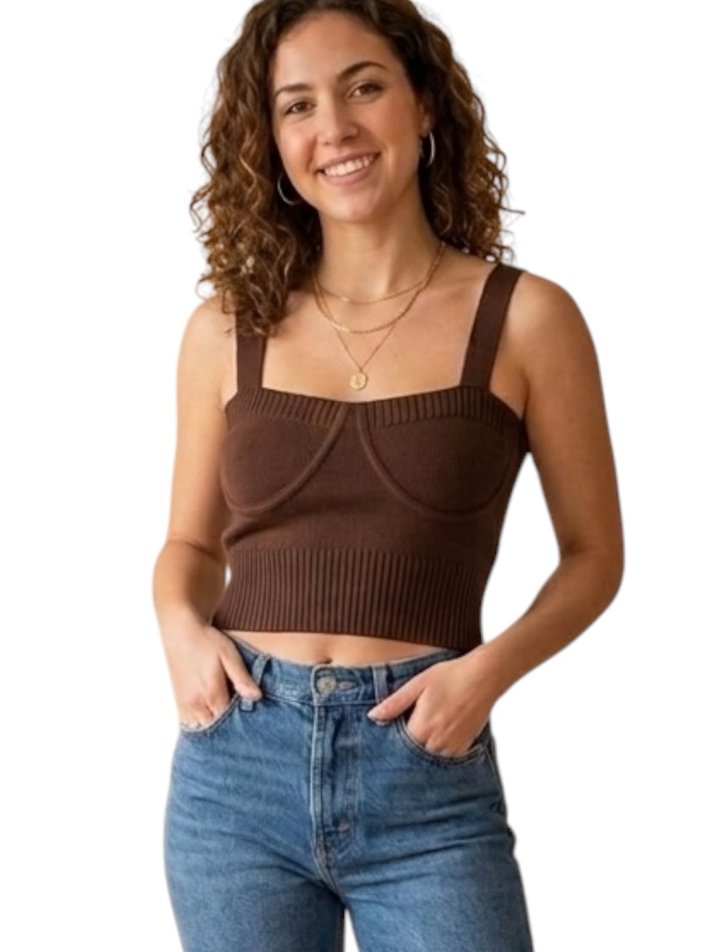 Zara Chocolate Brown Ribbed Knit Corset Bustier Crop Tank Top Size Medium